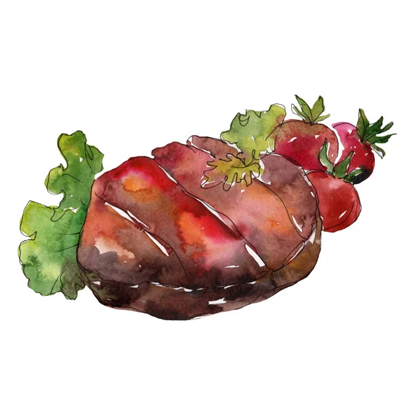 Grilled steak tasty food in a watercolor style set. Aquarelle food illustration for background. Isolated steak element.