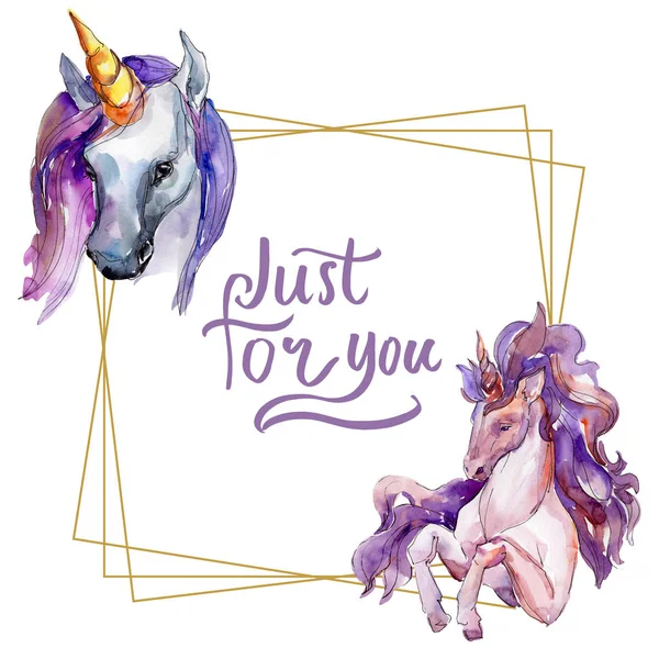 Cute unicorn horse. Watercolor background illustration set. Frame border ornament crystal square.