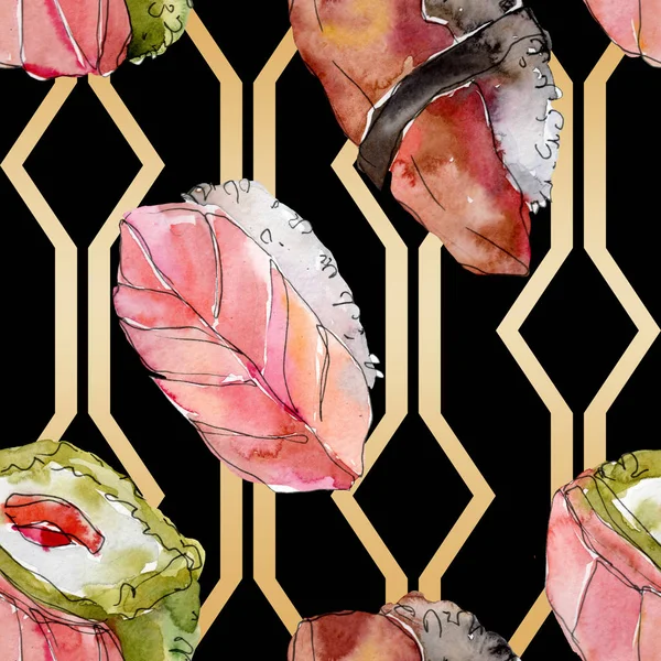 Güzel lezzetli Japon yemekleri illüstrasyon suluboya suşi kümesi. Sorunsuz arka plan deseni.