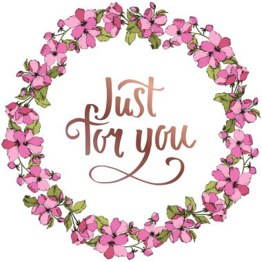 Vektör pembe elma çiçeği botanik çiçek. Oyulmuş mürekkep sanat. Çerçeve kenarlığı süsleme kare beyaz arka plan üzerinde.