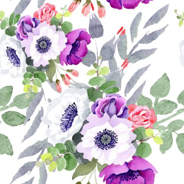 Mor gül buket çiçek botanik çiçekler. Suluboya arka plan illüstrasyon küme. Sorunsuz arka plan deseni.