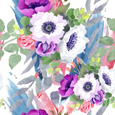 Mor gül buket çiçek botanik çiçekler. Suluboya arka plan illüstrasyon küme. Sorunsuz arka plan deseni.