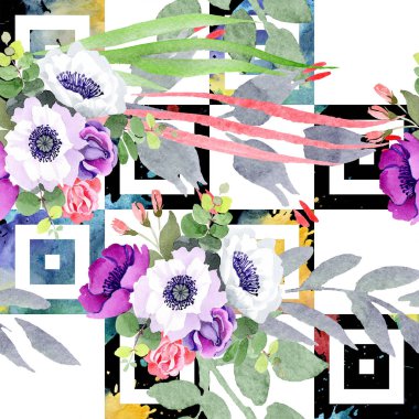 Mor gül buket çiçek botanik çiçekler. Suluboya arka plan illüstrasyon küme. Sorunsuz arka plan deseni.