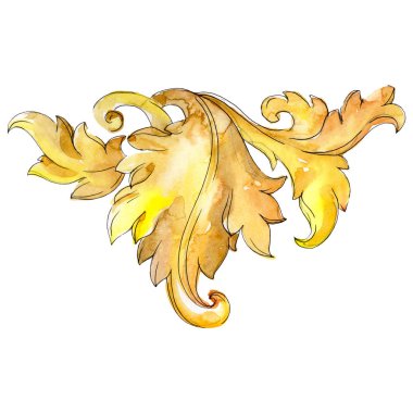 Altın monogram çiçek süsleme. Barok izole öğeleri Tasarla. Suluboya arka plan illüstrasyon seti.