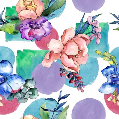 Şakayık buketleri botanik çiçek. Suluboya arka plan illüstrasyon küme. Sorunsuz arka plan deseni.
