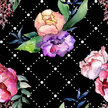 Şakayık buketleri botanik çiçek. Suluboya arka plan illüstrasyon küme. Sorunsuz arka plan deseni.