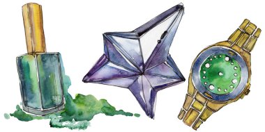 Moda kroki glamour çizimde bir suluboya stil izole öğesi. Suluboya moda arka plan seti.