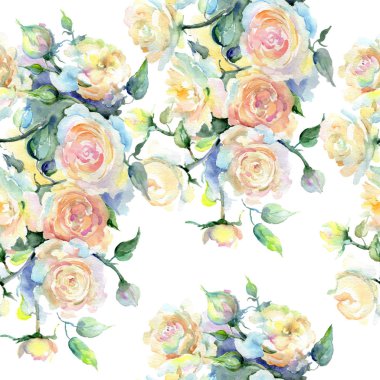 Bej renkli gül buket botanik çiçek. Suluboya arka plan illüstrasyon küme. Sorunsuz arka plan deseni.