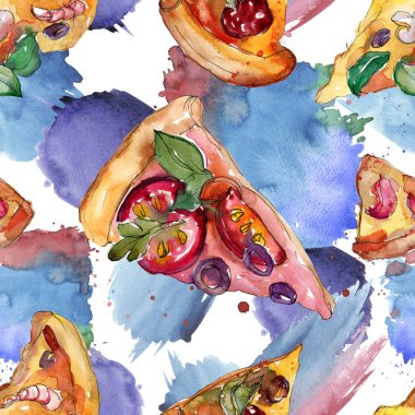 Fast food itallian pizza izole bir suluboya tarzında ayarlayın. Suluboya sorunsuz arka plan deseni.