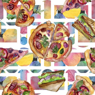 Fast food itallian pizza izole bir suluboya tarzında ayarlayın. Suluboya sorunsuz arka plan deseni.