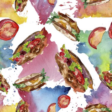 Bir suluboya tarzında sandviç. Suluboya lokanta illüstrasyon öğesi. Sorunsuz arka plan deseni.