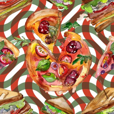 Bir suluboya tarzında sandviç. Suluboya lokanta illüstrasyon öğesi. Sorunsuz arka plan deseni.