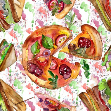 Bir suluboya tarzında sandviç. Suluboya lokanta illüstrasyon öğesi. Sorunsuz arka plan deseni.