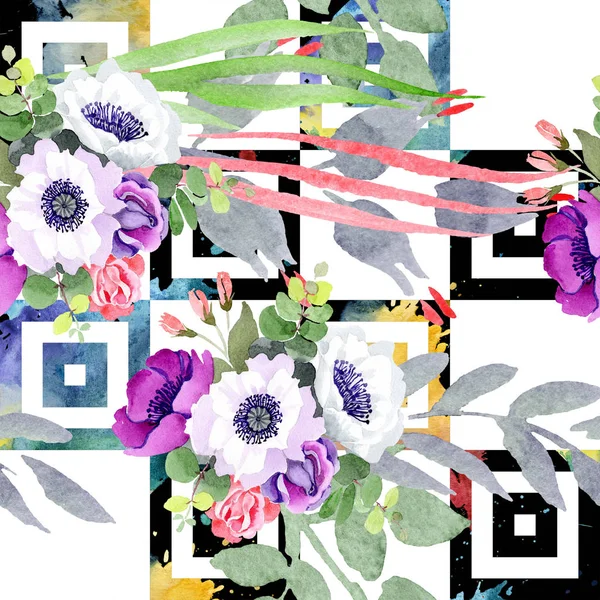 Mor gül buket çiçek botanik çiçekler. Suluboya arka plan illüstrasyon küme. Sorunsuz arka plan deseni.