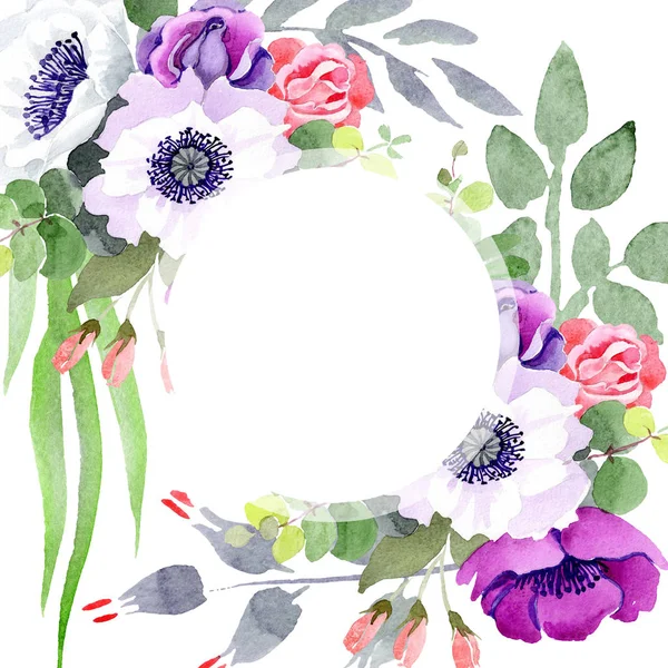 Букет з фіолетової троянди квіткові ботанічні квіти. Набір ілюстрацій для акварельного фону. Каркасна площа прикордонного орнаменту . — стокове фото