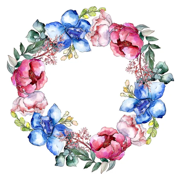 Pfingstrosen Blumensträuße botanische Blume. Aquarell Hintergrundillustration Set. Rahmen Rand Ornament Quadrat. — Stockfoto