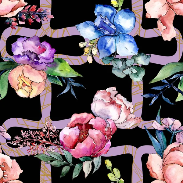 シャクヤクの花束花植物花。水彩画背景イラスト セット。シームレスな背景パターン. — ストック写真