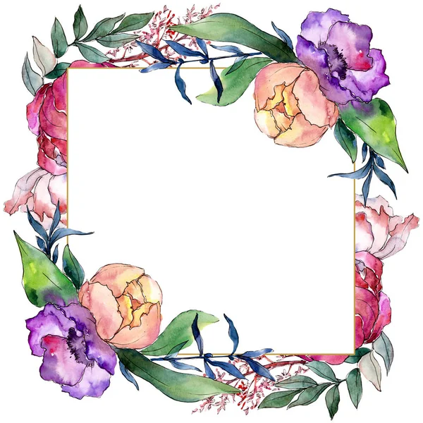 Mazzi di peonia fiori botanici floreali. Acquerello sfondo illustrazione set. Quadrato ornamento bordo cornice . — Foto Stock