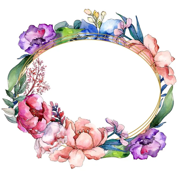 Peony buquês flor botânica floral. Conjunto de ilustração de fundo aquarela. Quadro borda ornamento quadrado . — Fotografia de Stock