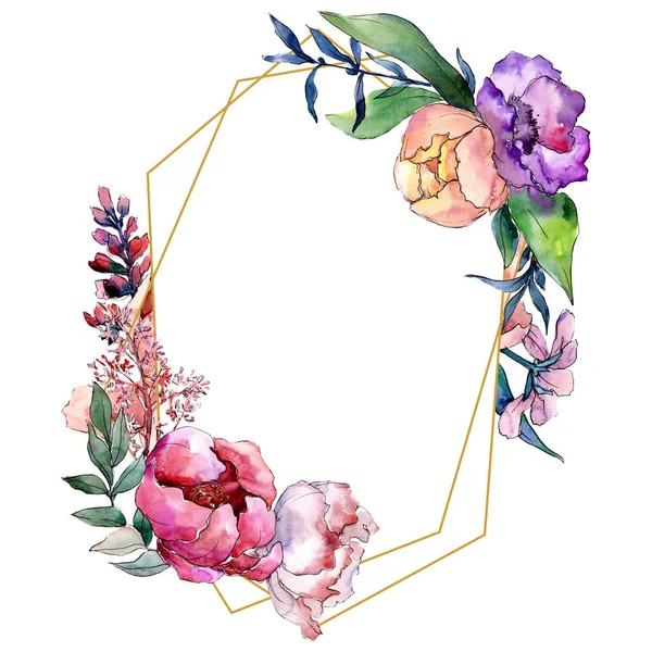 Mazzi di Peonia fiori botanici. Acquerello sfondo illustrazione set. Cornice bordo cristallo ornamento quadrato . — Foto Stock