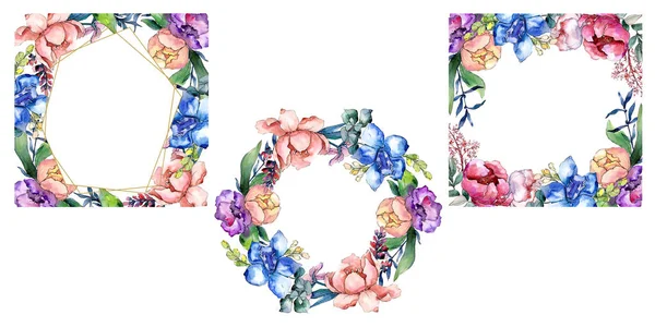 Παιωνία λουλούδι βοτανικό ανθοδέσμες. Ακουαρέλα φόντο εικόνα σύνολο. Πλατεία στολίδι κρύσταλλο σύνορα καρέ. — Φωτογραφία Αρχείου