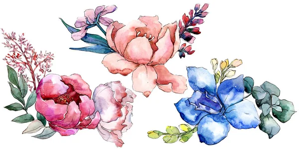 シャクヤクの花束花植物花。水彩画背景セット。孤立した花束の図要素. — ストック写真