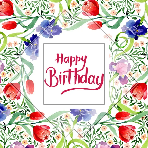 Süsen ve Lale botanik çiçek süsleme. Suluboya arka plan illüstrasyon küme. Çerçeve kenarlığı süsleme Meydanı.