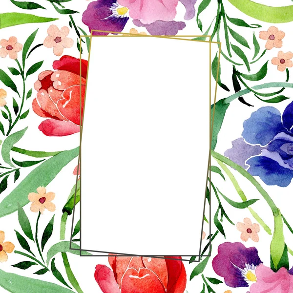 Irissen en tulpen ornament botanische bloem. Aquarel achtergrond afbeelding instellen. Frame grens ornament vierkant. — Stockfoto