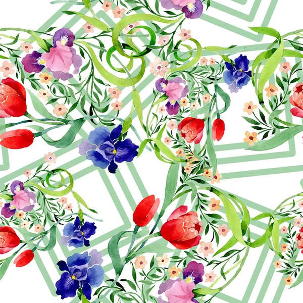 Íris e tulipas ornamento flor botânica floral. Conjunto de ilustração de fundo aquarela. Padrão de fundo sem costura . — Fotografia de Stock