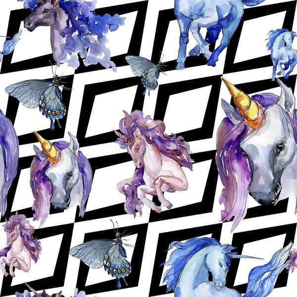Söt Enhörning Häst Rainbow Djur Horn Karaktär Akvarell Illustration Set — Stockfoto