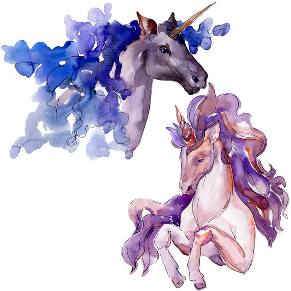 Schattig unicorn paard. Fairytale kinderen zoete droom. Aquarel achtergrond instellen. Geïsoleerde unicorn afbeelding element. — Stockfoto