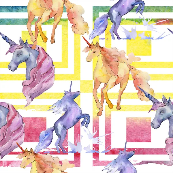 Schattig unicorn paard dierlijke hoorn karakter. Aquarel achtergrond afbeelding instellen. Naadloze achtergrondpatroon. — Stockfoto