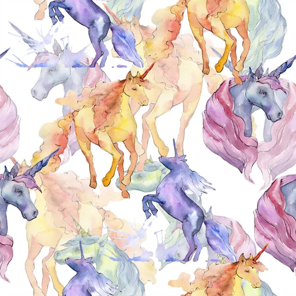 Carino unicorno cavallo animale personaggio corno. Acquerello sfondo illustrazione set. Modello di sfondo senza soluzione di continuità . — Foto Stock