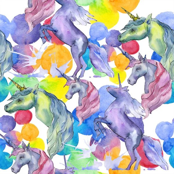 Carino unicorno cavallo animale personaggio corno. Acquerello sfondo illustrazione set. Modello di sfondo senza soluzione di continuità . — Foto Stock