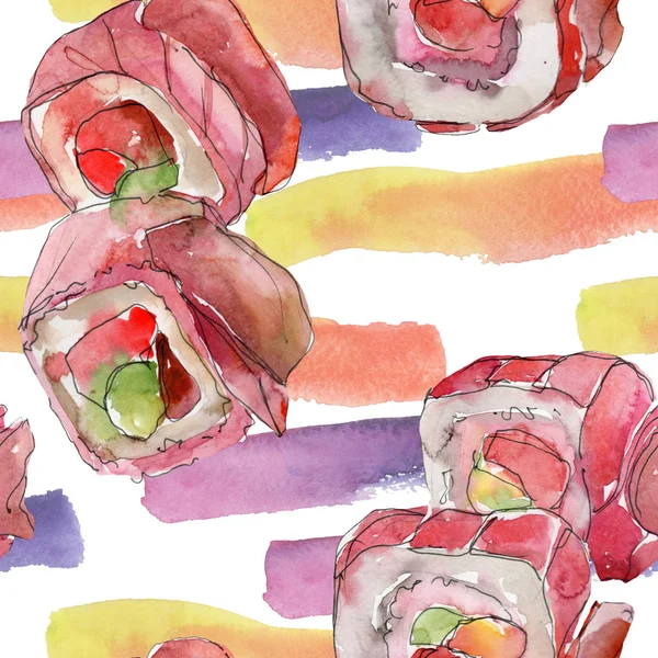Güzel lezzetli Japon yemekleri illüstrasyon suluboya suşi kümesi. Sorunsuz arka plan deseni. — Stok fotoğraf