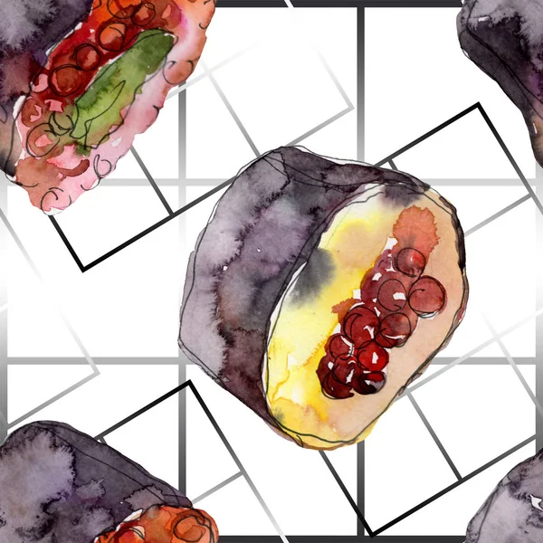 Sada akvarel sushi ilustrace krásné dobré japonské jídlo. Vzor bezešvé pozadí. — Stock fotografie