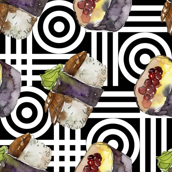 아름 다운 맛 있는 일본 음식 그림 수채화 초밥 세트. 원활한 배경 패턴. — 스톡 사진