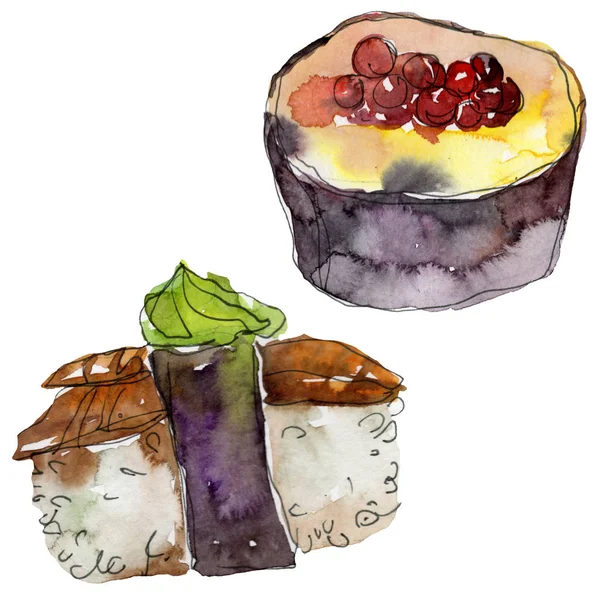 Watercolor sushi set of beautiful tasty japanese food illustration. Hand drawn objects isolated on white background. — Stock Photo, Image