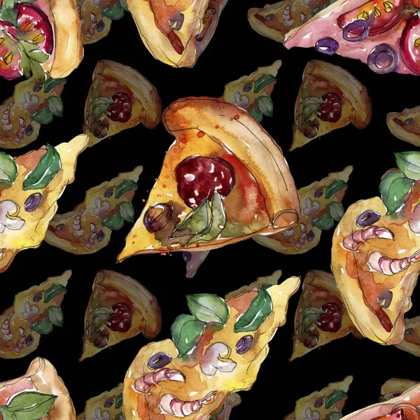 Fast food pizza italiana in un set isolato in stile acquerello. Acquerello senza soluzione di continuità modello di sfondo . — Foto Stock