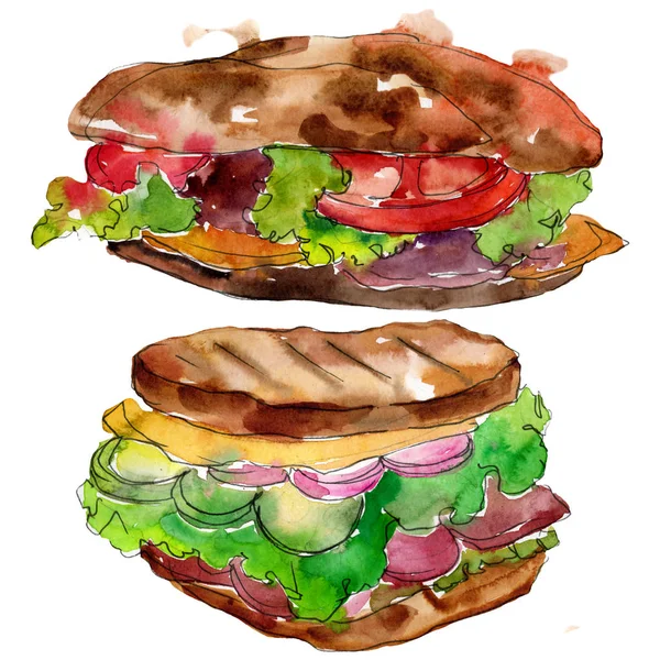 Sandwich en un conjunto aislado estilo acuarela. Acuarela elemento de ilustración de comida rápida sobre fondo blanco . — Foto de Stock
