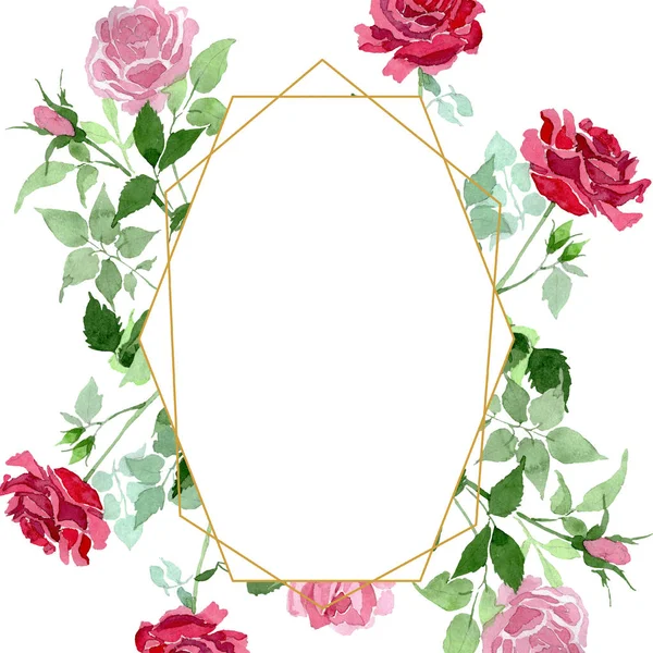 Różowy i czerwony krzew kwiatowy kwiaty botaniczny róże. Zestaw ilustracji tle akwarela. Ramki granicznej ornament square. — Zdjęcie stockowe