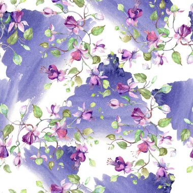 Mor fuşya buket. Botanik çiçek. Suluboya arka plan illüstrasyon küme. Sorunsuz arka plan deseni.