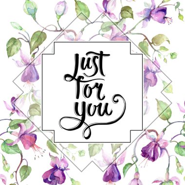 Mor fuşya buket. Botanik çiçek. Suluboya arka plan illüstrasyon küme. Çerçeve kenarlığı süsleme Meydanı.