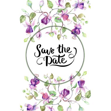 Mor fuşya buket. Botanik çiçek. Suluboya arka plan illüstrasyon küme. Çerçeve kenarlığı süsleme Meydanı.