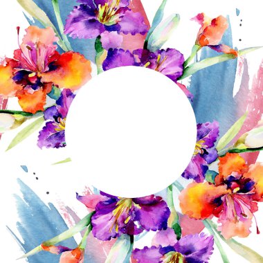 Mor daylily buket çiçek botanik çiçekler. Suluboya arka plan illüstrasyon küme. Çerçeve kenarlığı süsleme Meydanı.