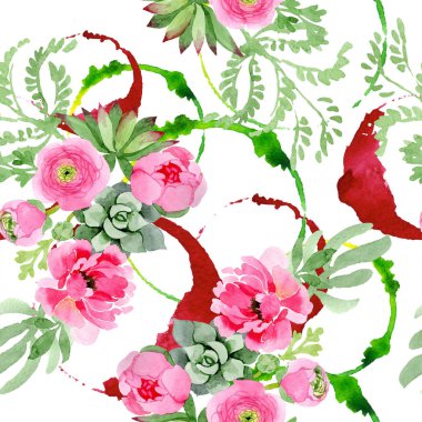 Pembe Düğünçiçeği çiçek botanik çiçekler. Suluboya arka plan illüstrasyon küme. Sorunsuz arka plan deseni.