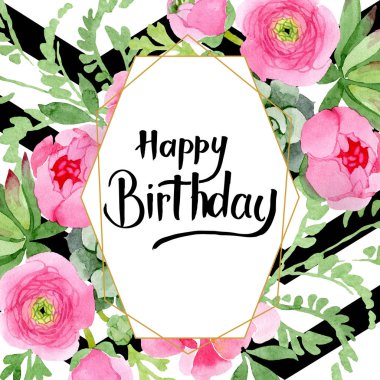 Pembe Düğünçiçeği çiçek botanik çiçekler. Suluboya arka plan illüstrasyon küme. Çerçeve kenarlığı süsleme Meydanı.