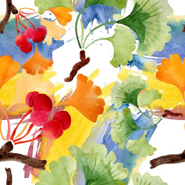 Ginkgo biloba yeşil ve sarı bırakır. Suluboya arka plan illüstrasyon küme. Sorunsuz arka plan deseni.