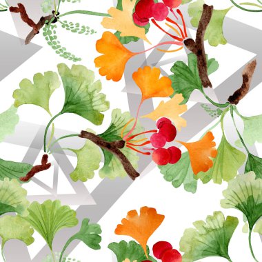 Ginkgo biloba yeşil ve sarı bırakır. Suluboya arka plan illüstrasyon küme. Sorunsuz arka plan deseni.