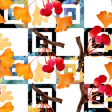 Ginkgo biloba sarı bırakır. Suluboya arka plan illüstrasyon küme. Sorunsuz arka plan deseni.